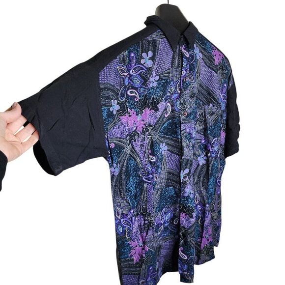 Vintage 80s MAXX FM Short Sleeve Paisley Mens Shirt Size M Black Purple Rayon - Picture 2 of 5